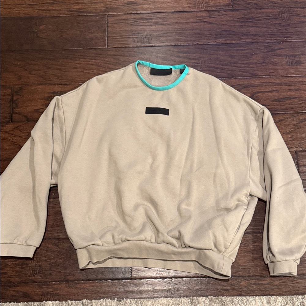 Fear of God Men's Beige Sweater with Teal Accents. Size Medium